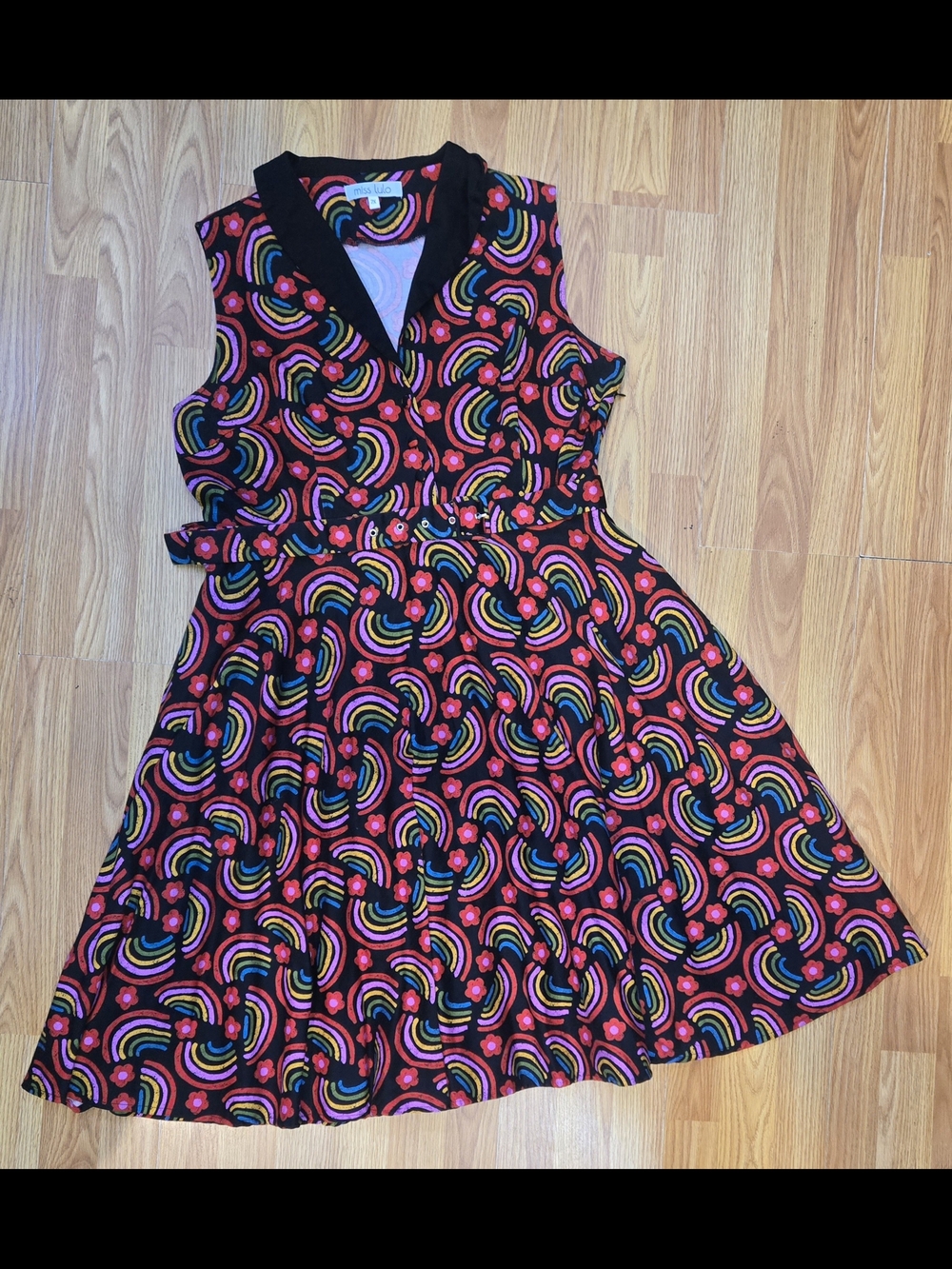 Plus Size Miss Lulo Retro Rainbow Print Shirtwaist Dress